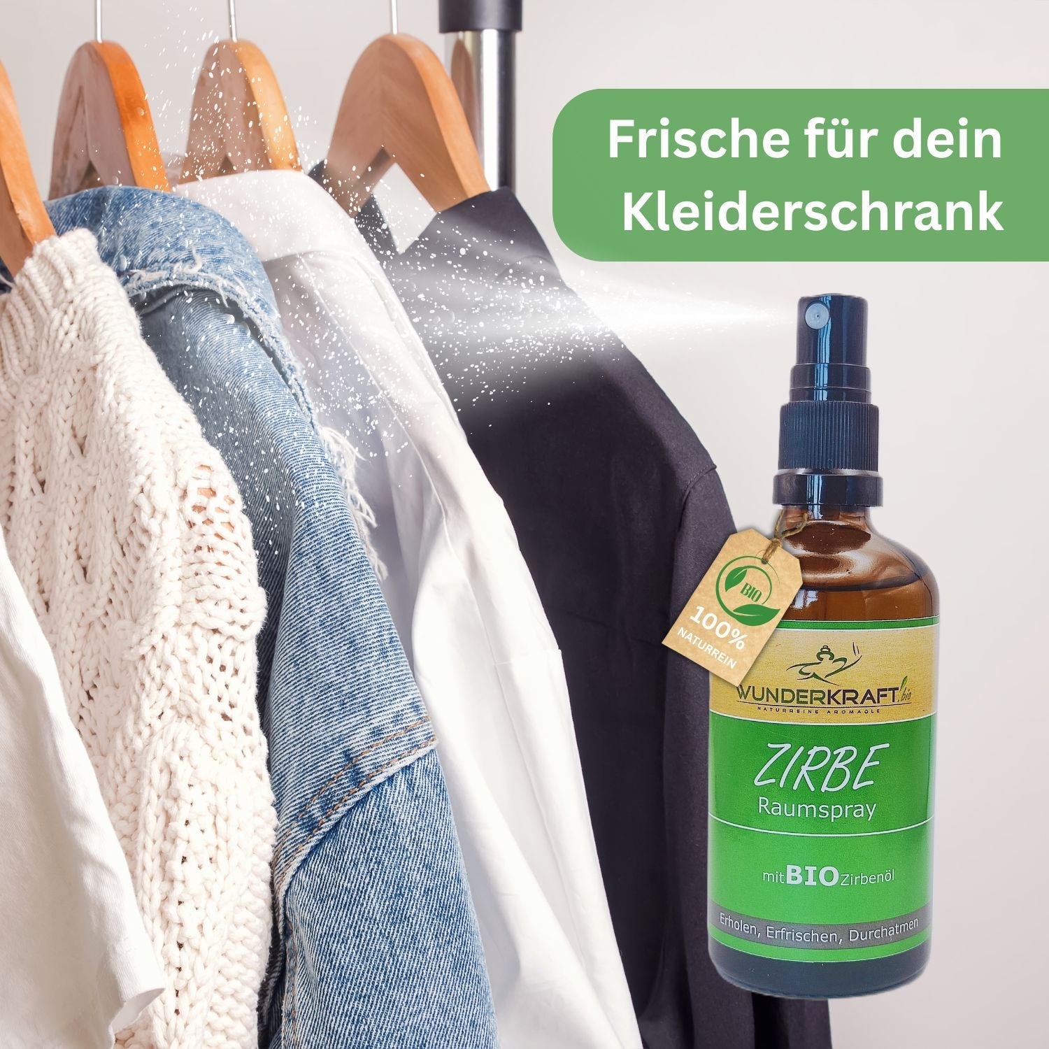 Bio Zirbenspray, 100ml Raumspray und Kissenspray für natürlichen frische Duft - Wunderkraft.bio von Wunderlampe.bio