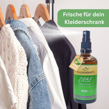 Bio Zirbenspray, 100ml Raumspray und Kissenspray für natürlichen frische Duft - Wunderkraft.bio von Wunderlampe.bio