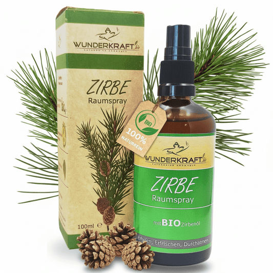 Bio Zirbenspray, 100ml Raumspray und Kissenspray für natürlichen frische Duft - Wunderkraft.bio von Wunderlampe.bio
