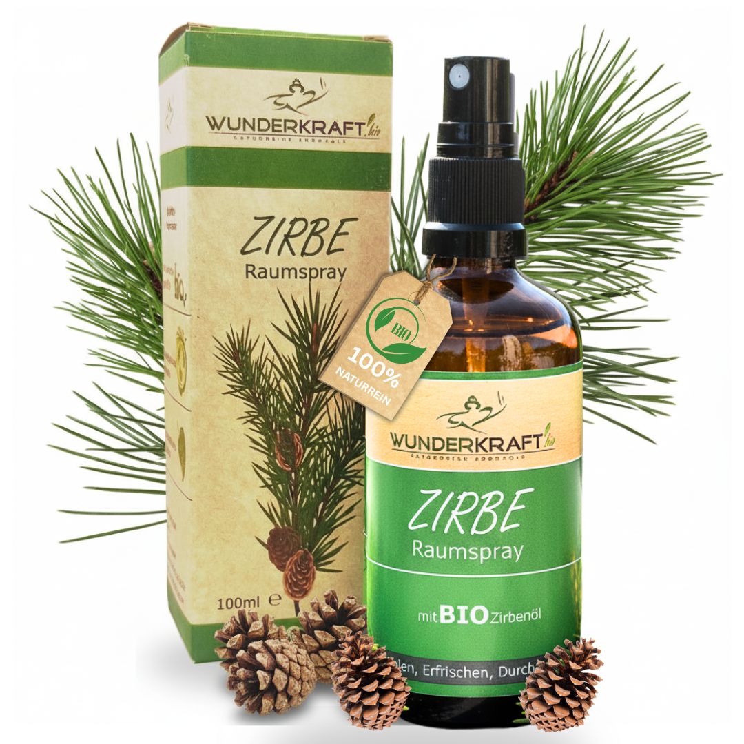 Bio Zirbenspray, 100ml Raumspray und Kissenspray für natürlichen frische Duft - Wunderkraft.bio von Wunderlampe.bio