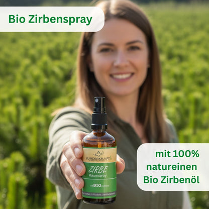 Bio Zirbenspray, 100ml Raumspray und Kissenspray für natürlichen frische Duft - Wunderkraft.bio von Wunderlampe.bio