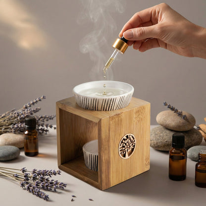 Duftlampe aus Bambus mit Keramikschale – Baum des Lebens - Wunderkraft naturals
