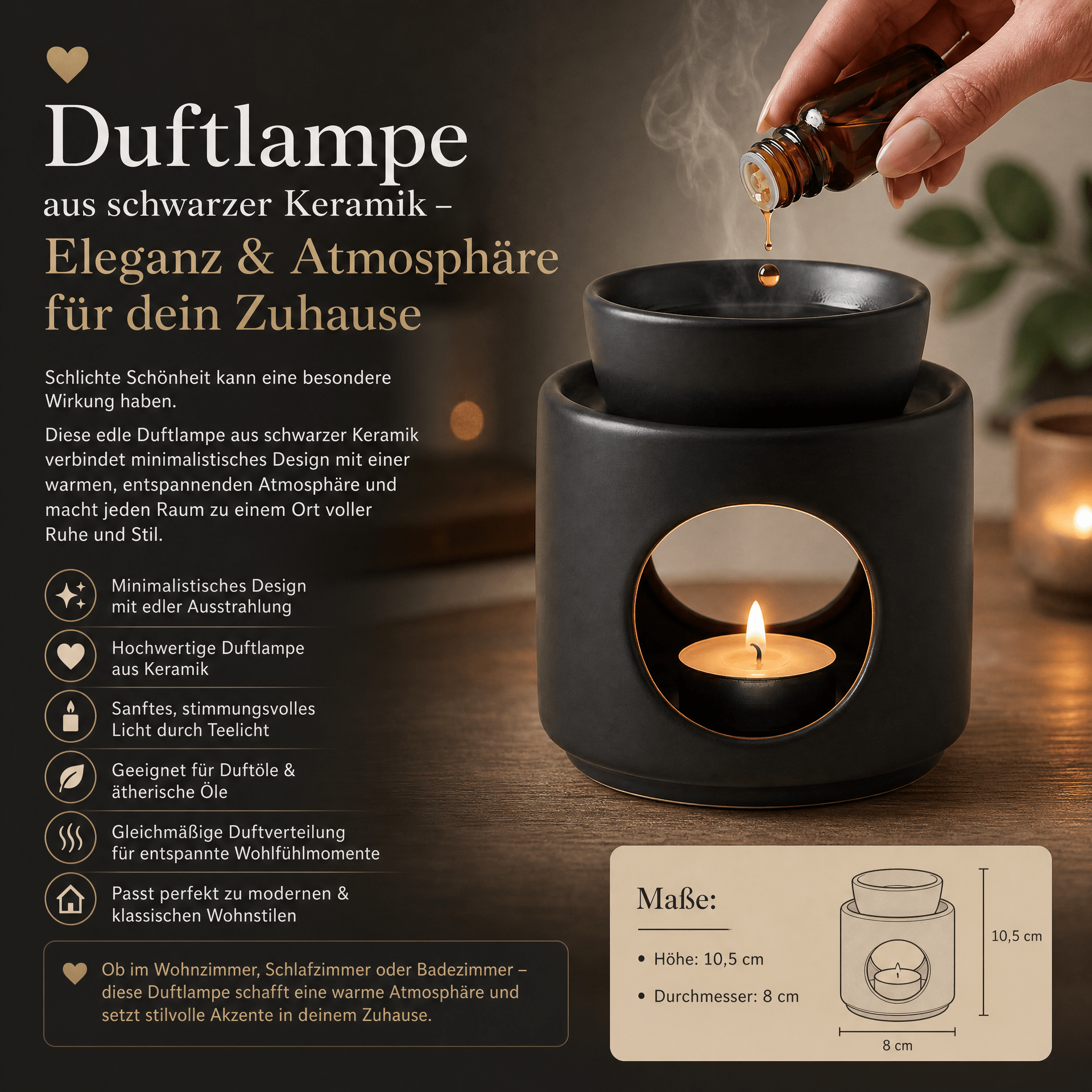 Elegante Duftlampe aus Keramik in Schwarz - Wunderkraft naturals