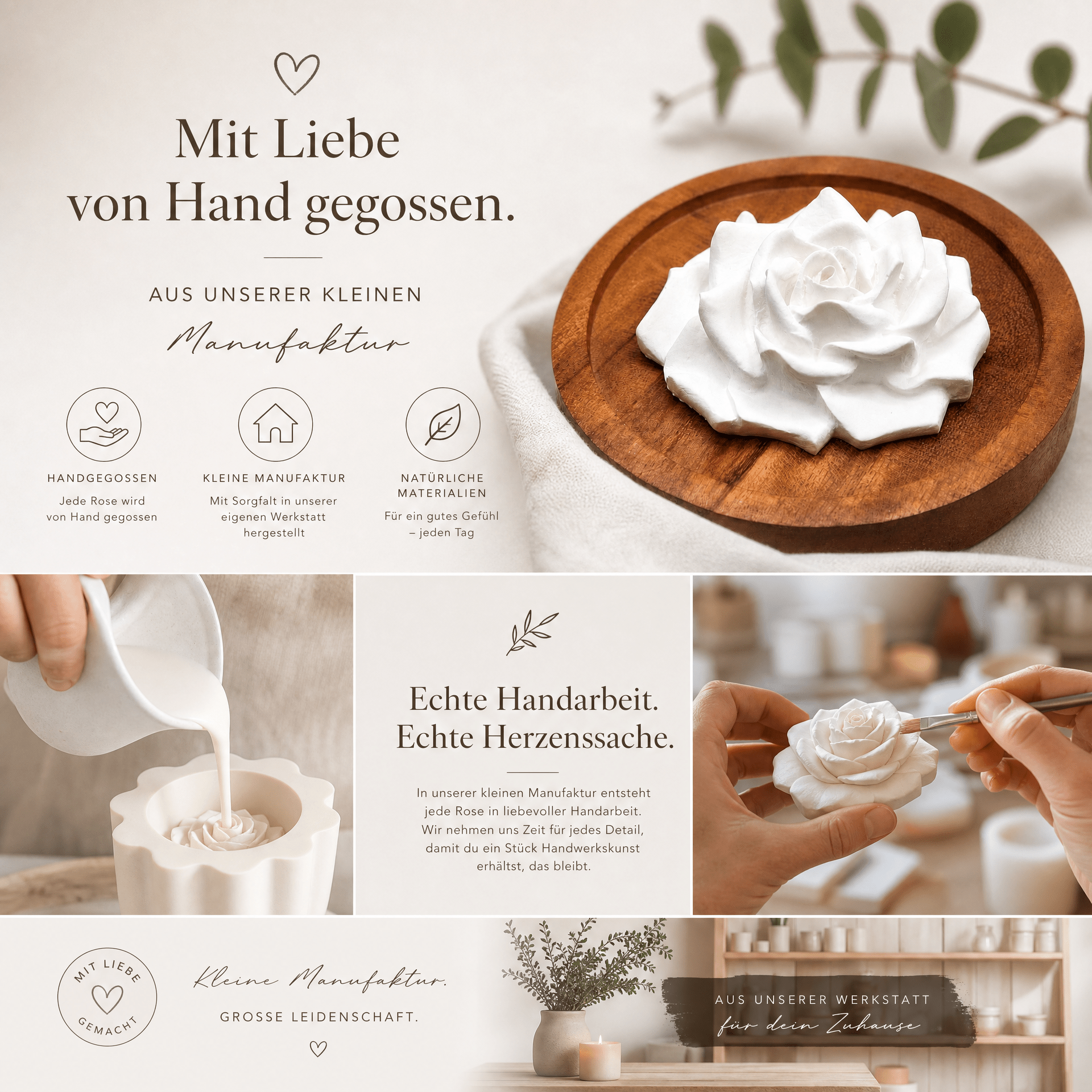 Elegante Duftstein ROSE aus Keramik mit Holztellerchen - Wunderkraft naturals