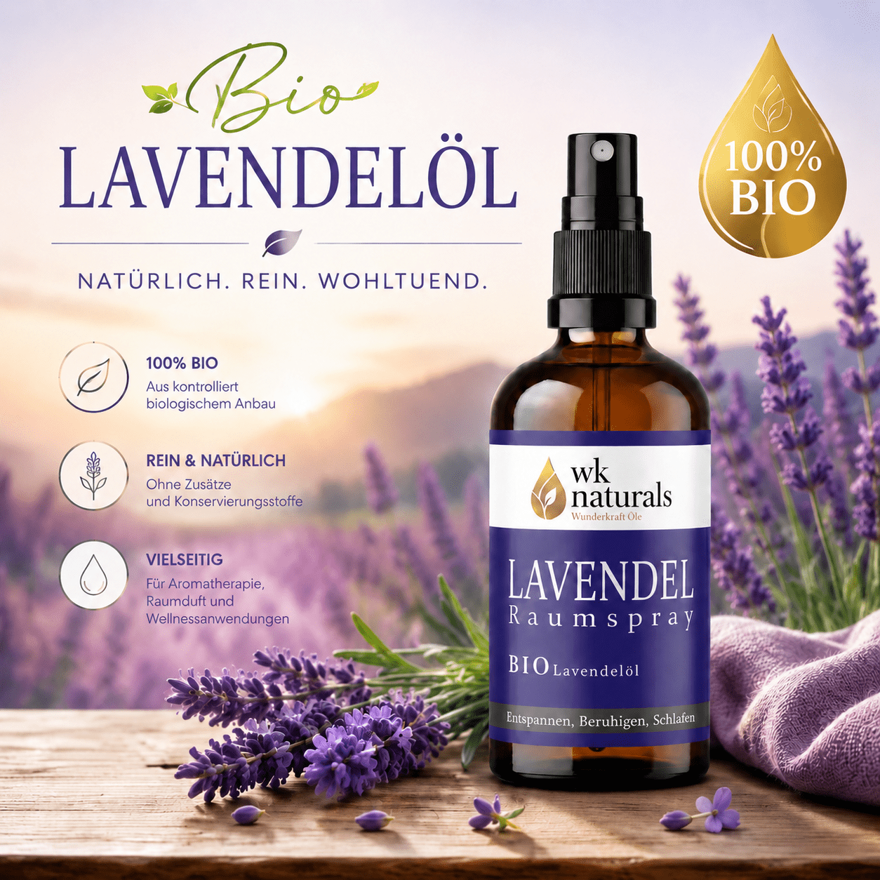 Entspannungs - Lavendelspray mit Bio Lavendelöl, 100ml Raumspray und Kissenspray für süße Träume - Wunderkraft naturals