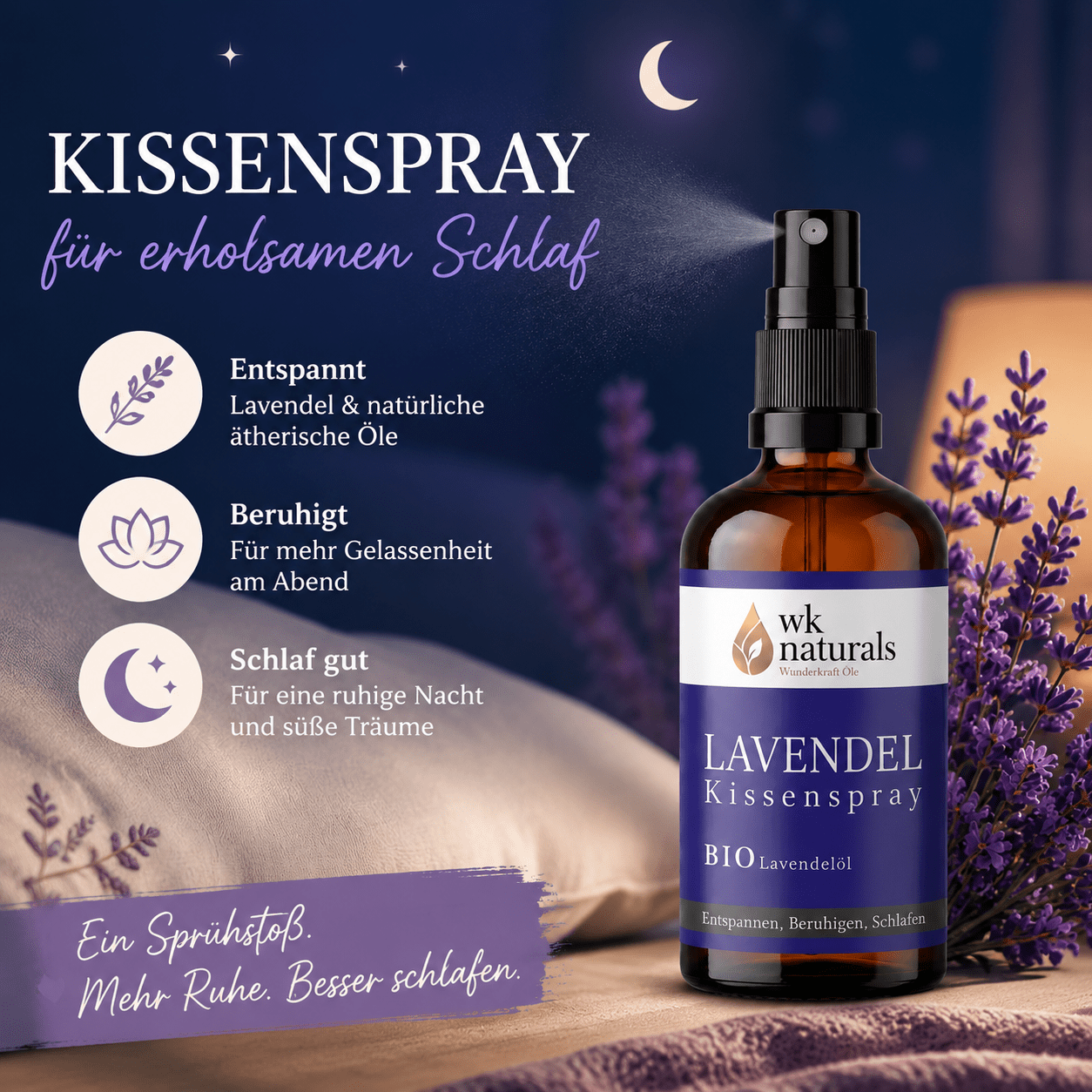 Entspannungs - Lavendelspray mit Bio Lavendelöl, 100ml Raumspray und Kissenspray für süße Träume - Wunderkraft naturals