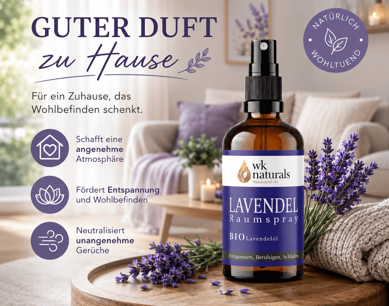 Entspannungs - Lavendelspray mit Bio Lavendelöl, 100ml Raumspray und Kissenspray für süße Träume - Wunderkraft naturals