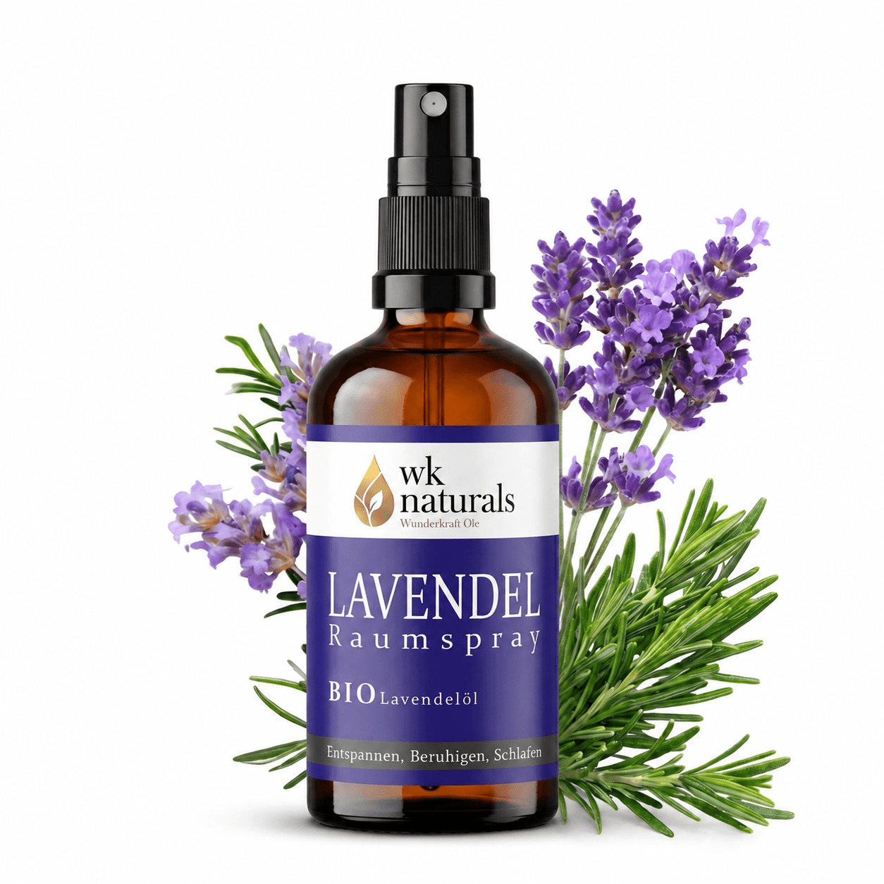 Entspannungs - Lavendelspray mit Bio Lavendelöl, 100ml Raumspray und Kissenspray für süße Träume - Wunderkraft naturals