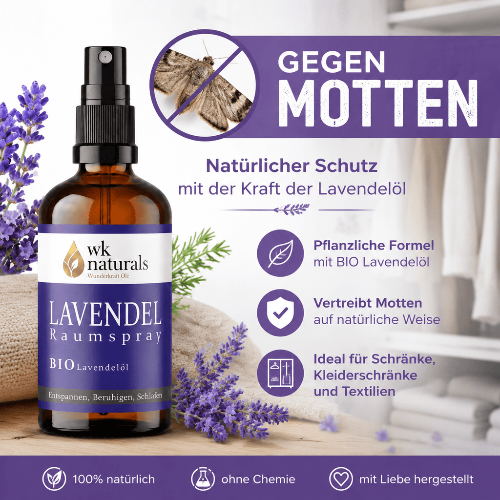 Entspannungs - Lavendelspray mit Bio Lavendelöl, 100ml Raumspray und Kissenspray für süße Träume - Wunderkraft naturals
