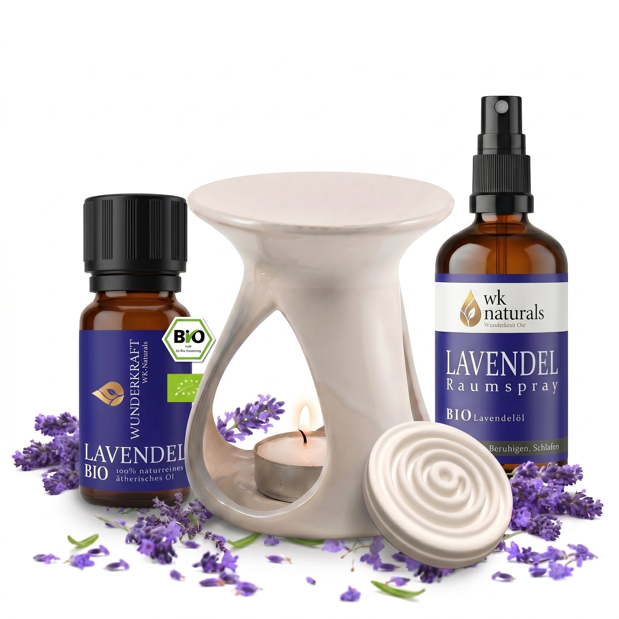 Entspannungsset mit Bio Lavendelöl, Duftlampe, Duftstein und Lavendelspray - Wunderkraft naturals