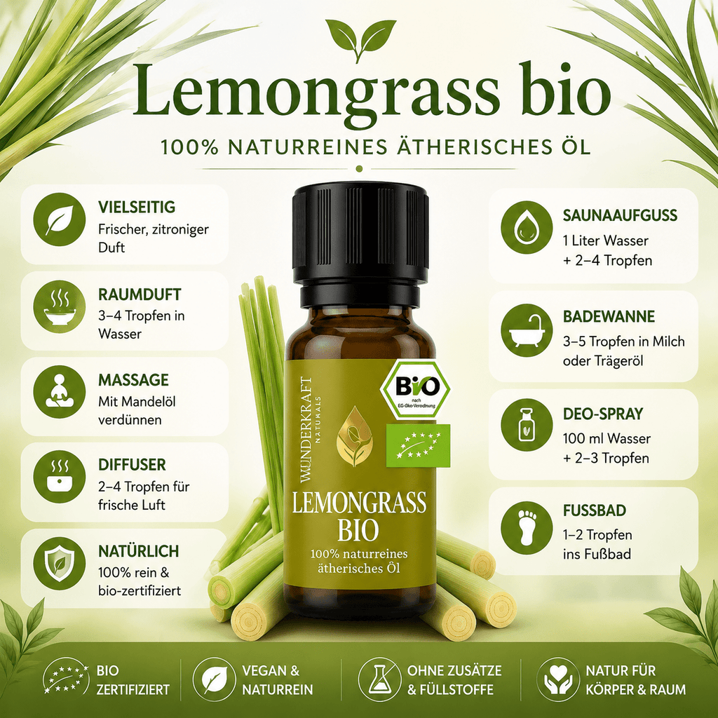 Gedankenfrische "LEMONGRASSÖL BIO"⚡Energie & Fokus - 🧼 Reinigung & Hygiene - Wunderkraft naturals
