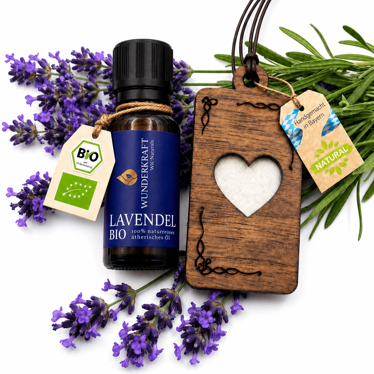 Geschenkset mit Bio Lavendelöl & handgefertigtem Nussbaum Duftbaum "Herz" – individuelles Geschenk, nachhaltige Geschenkidee mit ätherischem Öl - Wunderkraft naturals