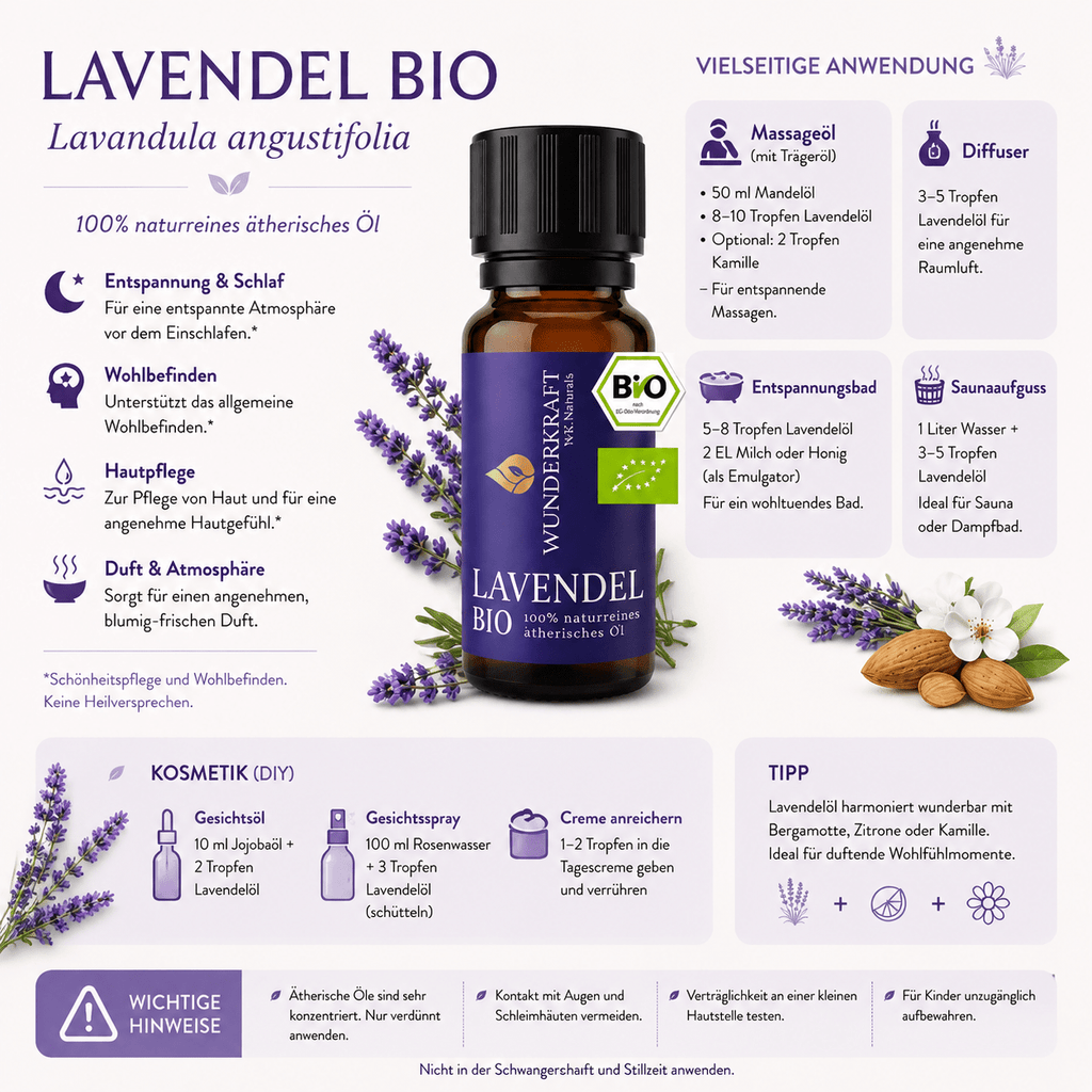 Geschenkset mit Bio Lavendelöl & handgefertigtem Nussbaum Duftbaum "Herz" – individuelles Geschenk, nachhaltige Geschenkidee mit ätherischem Öl - Wunderkraft naturals