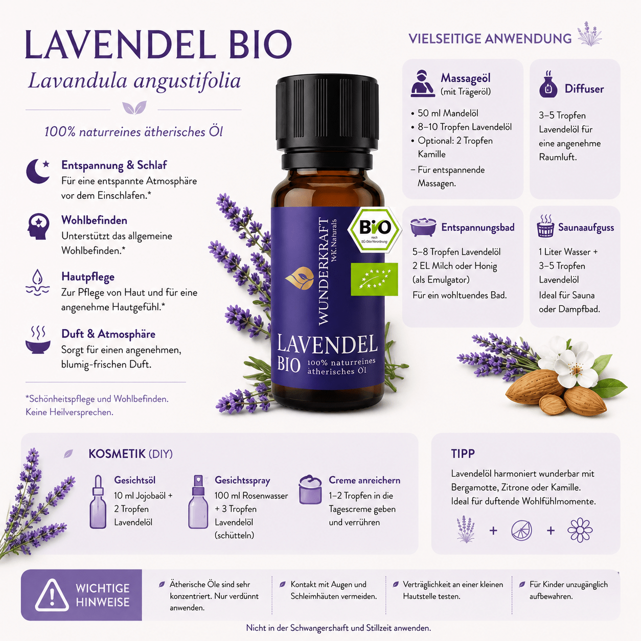 Geschenkset mit Bio Lavendelöl & handgefertigtem Nussbaum Duftbaum "Herz" – individuelles Geschenk, nachhaltige Geschenkidee mit ätherischem Öl - Wunderkraft naturals