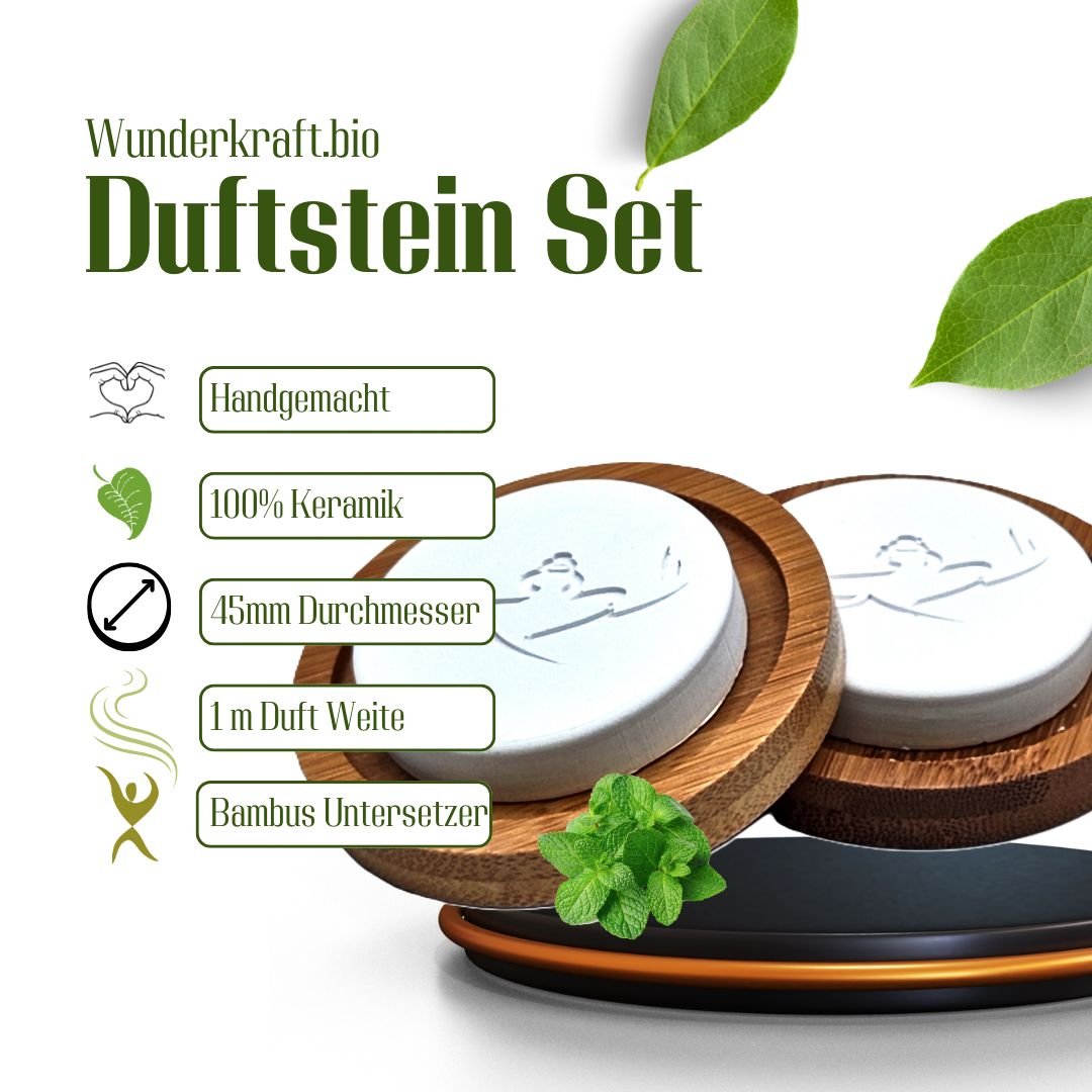 Handgemachter Duftstein für ätherische Öle mit Bambus Unterteller - Wunderkraft.bio