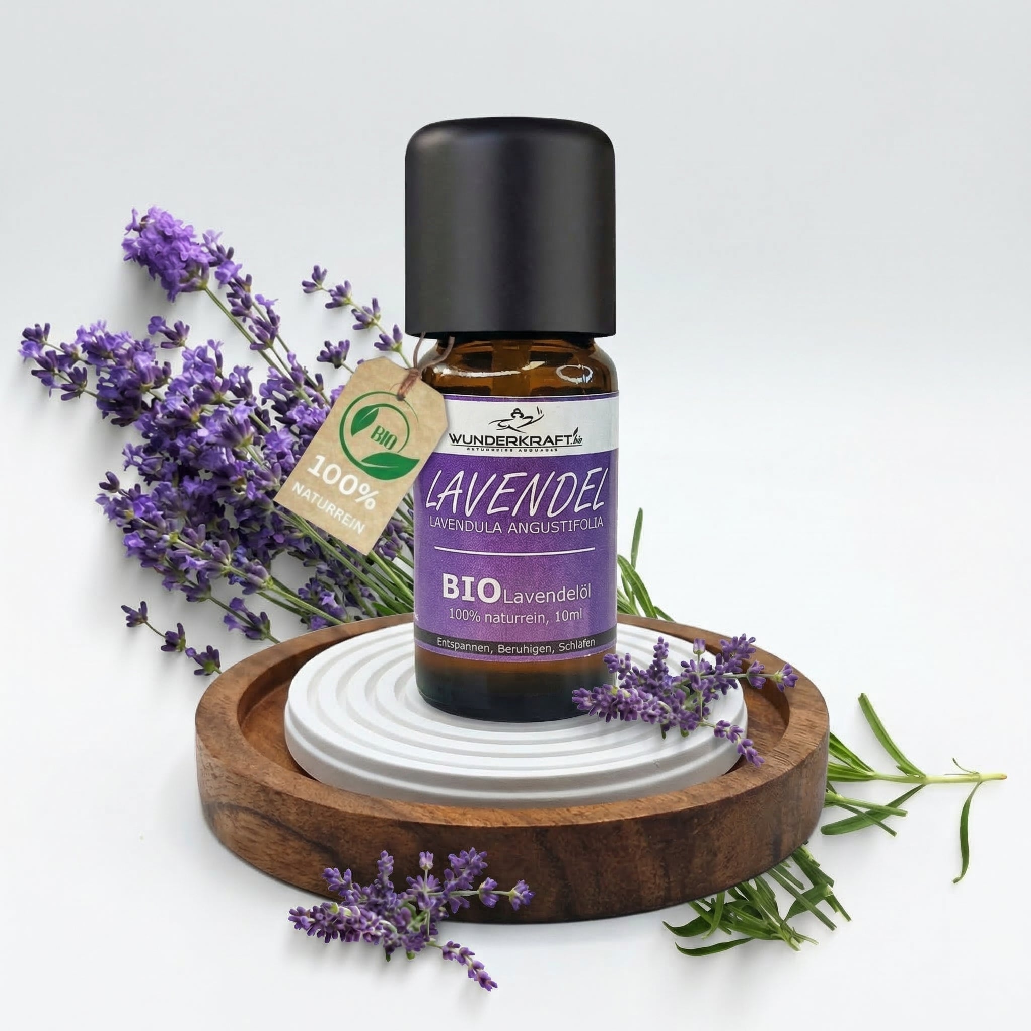 Handgemachter riesen Duftstein für ätherische Öle im Set mit einem kleinen Holztellerchen und [ Bio Lavendelöl 10ml ] ideal für ätherische Öle, Duftöle, Aromaöle oder Parfüms. Guter Duft in Schränken - Wunderkraft naturals