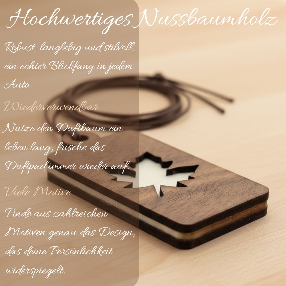 Holz Anhänger für ätherische Öle "AHORNBLATT", Duftbaum aus Nussbaumholz mit Filzpad fürs Auto - Wunderkraft naturals