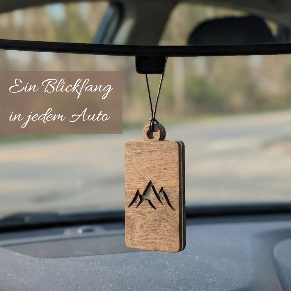 Holz Anhänger für ätherische Öle "BERGE", Duftbaum aus Nussbaumholz mit Filzpad für Duftöle - Wunderkraft naturals