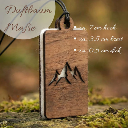 Holz Anhänger für ätherische Öle "BERGE", Duftbaum aus Nussbaumholz mit Filzpad für Duftöle - Wunderkraft naturals