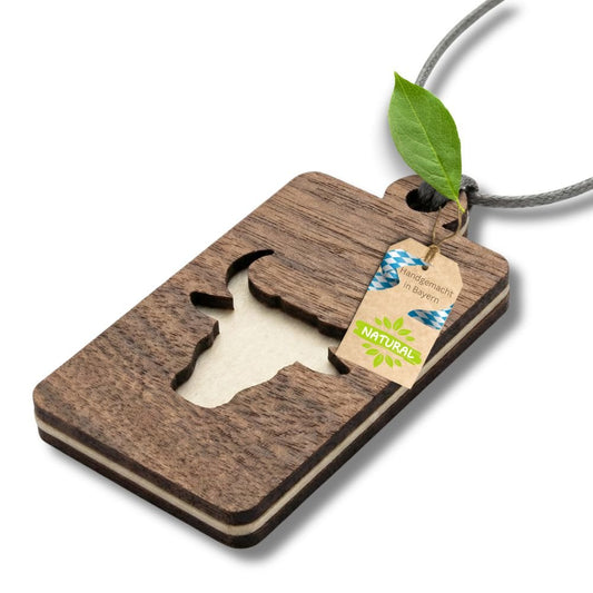 Holz Anhänger für ätherische Öle "BULLE", Duftbaum aus Nussbaumholz mit Filzpad fürs Auto - Wunderkraft naturals