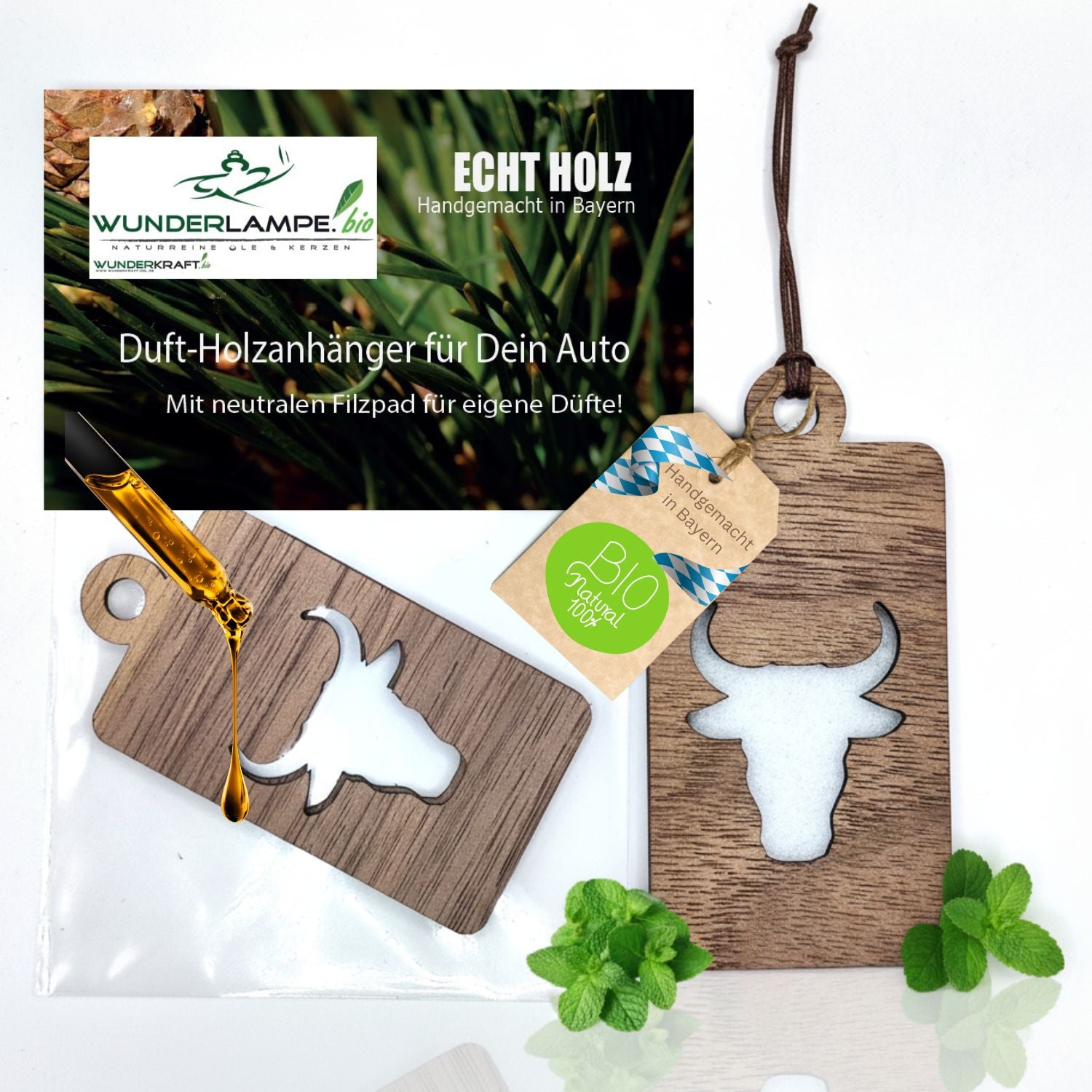 Holz Anhänger für ätherische Öle "BULLE", Duftbaum aus Nussbaumholz mit Filzpad fürs Auto - Wunderkraft.bio von Wunderlampe.bio