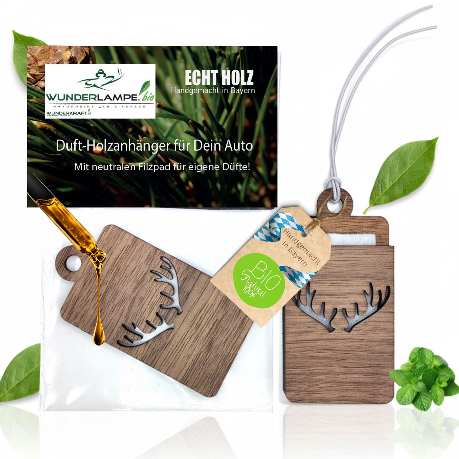 Holz Anhänger für ätherische Öle "GEWEIH", Duftbaum aus Nussbaumholz mit Filzpad fürs Auto - Wunderkraft.bio von Wunderlampe.bio