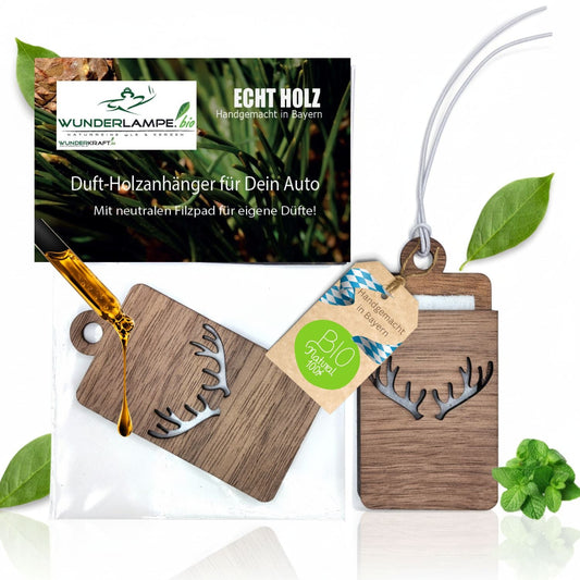 Holz Anhänger für ätherische Öle "GEWEIH", Duftbaum aus Nussbaumholz mit Filzpad fürs Auto - Wunderkraft.bio von Wunderlampe.bio