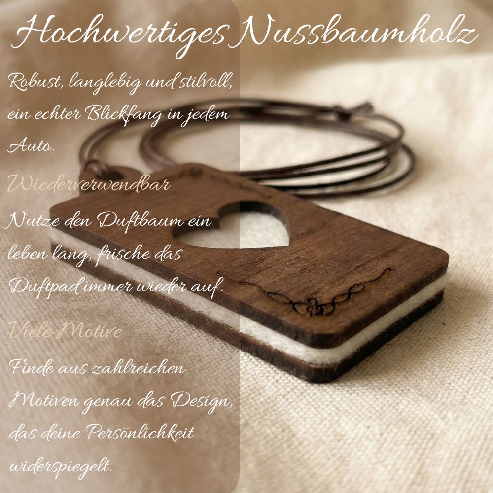 Holz Anhänger für ätherische Öle "HERZ", Duftbaum aus Nussbaumholz mit Filzpad für Duftöle - Wunderkraft naturals