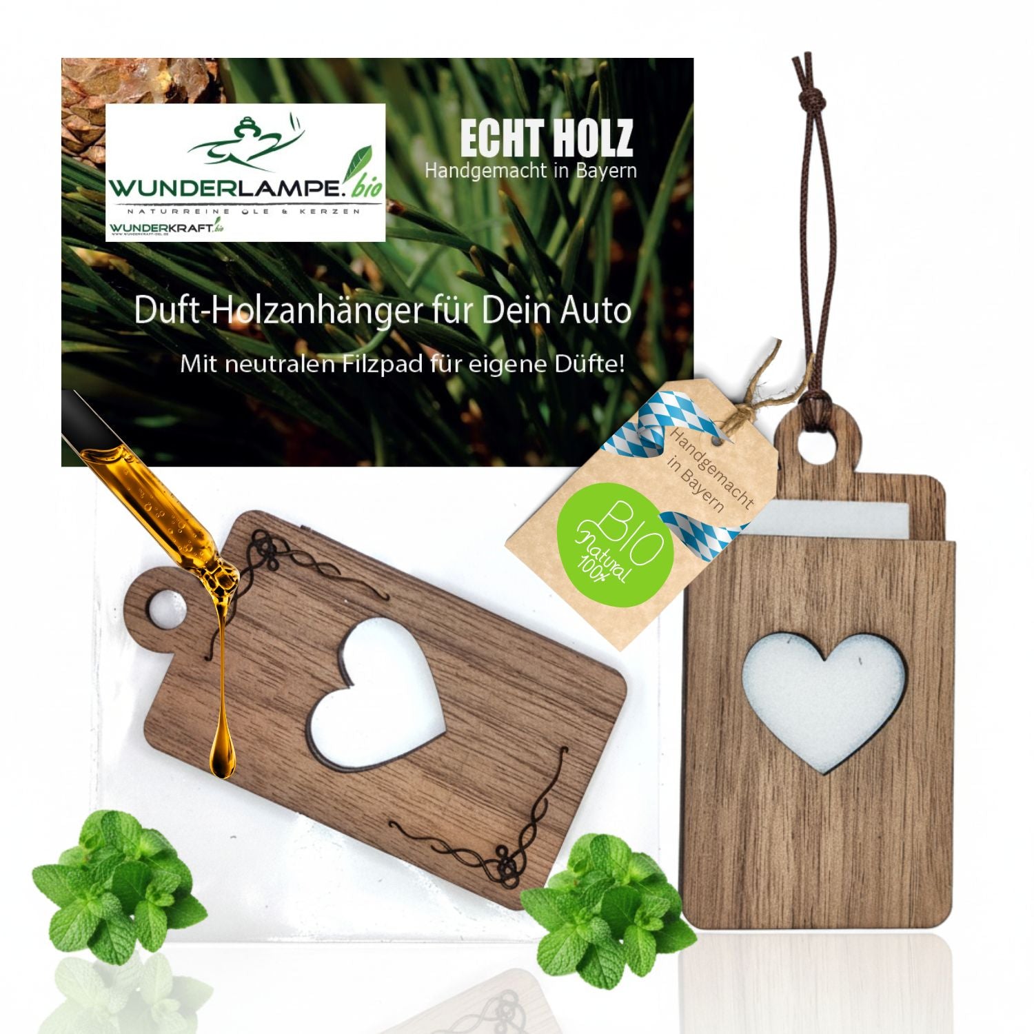 Holz Anhänger für ätherische Öle "HERZ", Duftbaum aus Nussbaumholz mit Filzpad für Duftöle - Wunderkraft.bio von Wunderlampe.bio