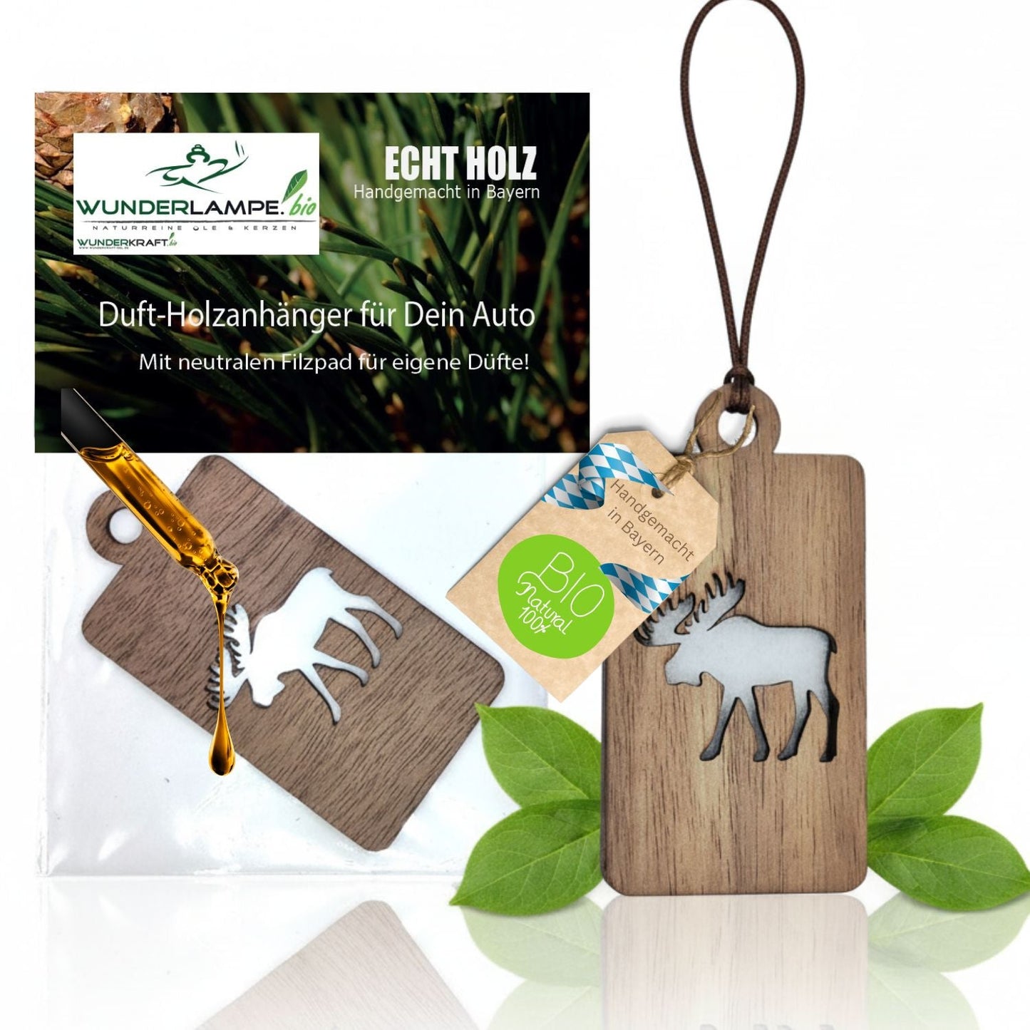 Holz Anhänger für ätherische Öle "HIRSCH", Duftbaum aus Nussbaumholz mit Filzpad fürs Auto - Wunderkraft.bio von Wunderlampe.bio