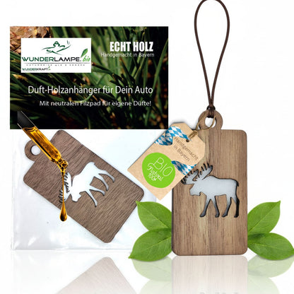Holz Anhänger für ätherische Öle "HIRSCH", Duftbaum aus Nussbaumholz mit Filzpad fürs Auto - Wunderkraft.bio von Wunderlampe.bio