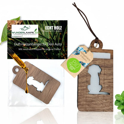Holz Anhänger für ätherische Öle "HUND", Duftbaum aus Nussbaumholz mit Filzpad fürs Auto - Wunderkraft.bio von Wunderlampe.bio