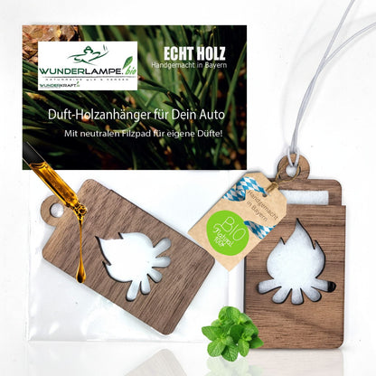 Holz Anhänger für ätherische Öle "LAGERFEUER", Duftbaum aus Nussbaumholz mit Filzpad fürs Auto - Wunderkraft.bio von Wunderlampe.bio