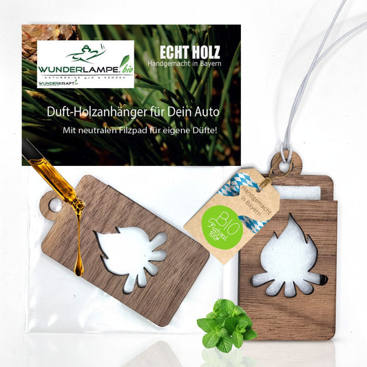 Holz Anhänger für ätherische Öle "LAGERFEUER", Duftbaum aus Nussbaumholz mit Filzpad fürs Auto - Wunderkraft.bio von Wunderlampe.bio