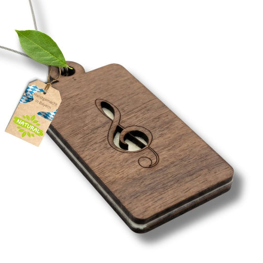 Holz Anhänger für ätherische Öle "NOTENSCHLÜßEL", Duftbaum aus Nussbaumholz mit Filzpad fürs Auto - Wunderkraft naturals