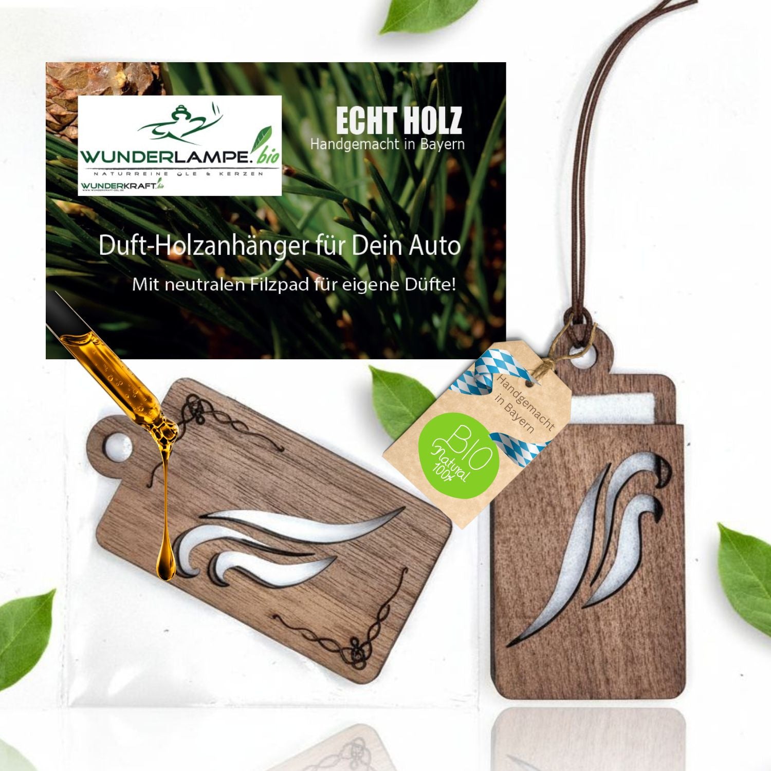 Holz Anhänger für ätherische Öle "ORNAMENT", Duftbaum aus Nussbaumholz mit Filzpad für Duftöle - Wunderkraft.bio von Wunderlampe.bio