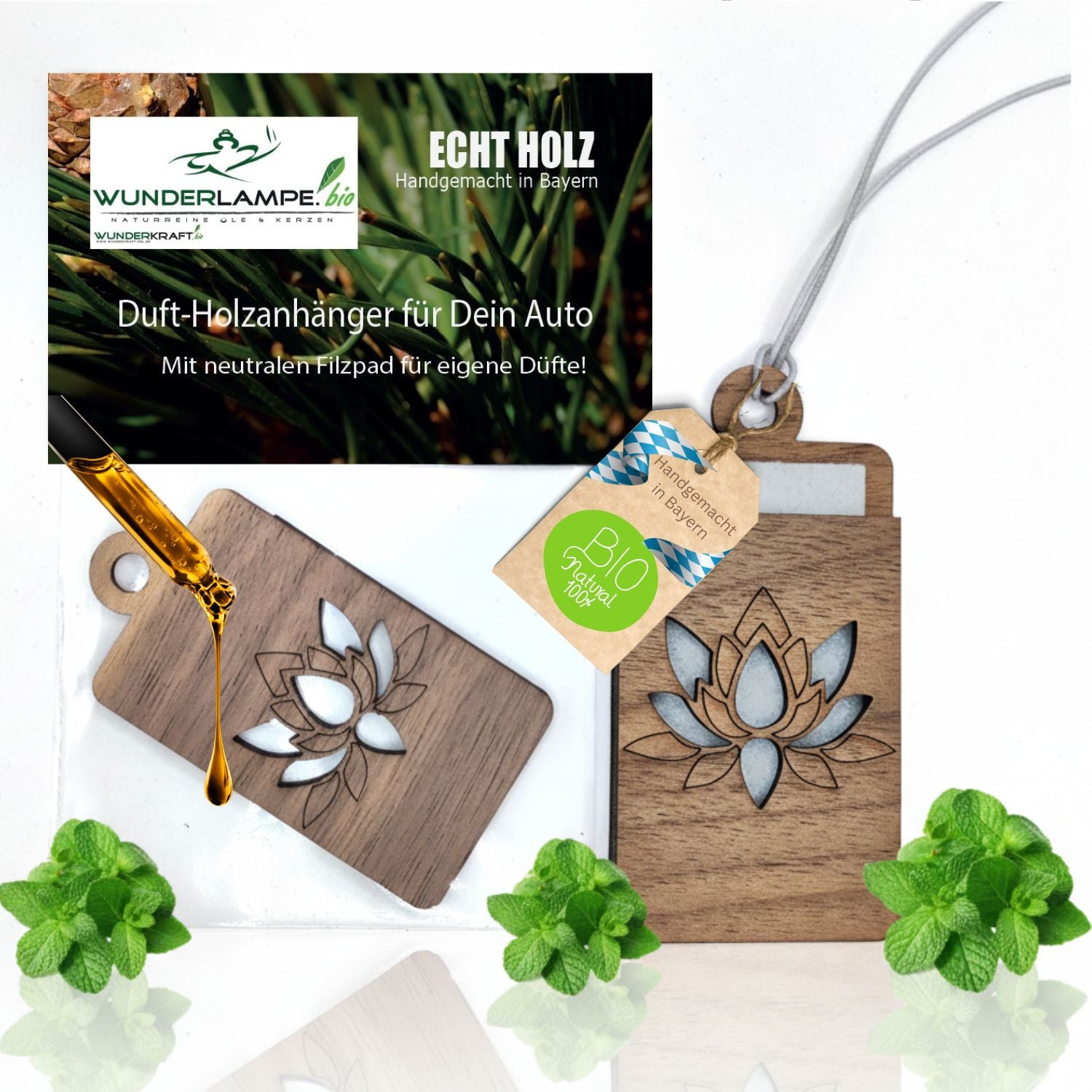 Holz Anhänger für ätherische Öle "PFINGSTROSE", Duftbaum aus Nussbaumholz mit Filzpad für ätherische Öle - Wunderkraft.bio von Wunderlampe.bio