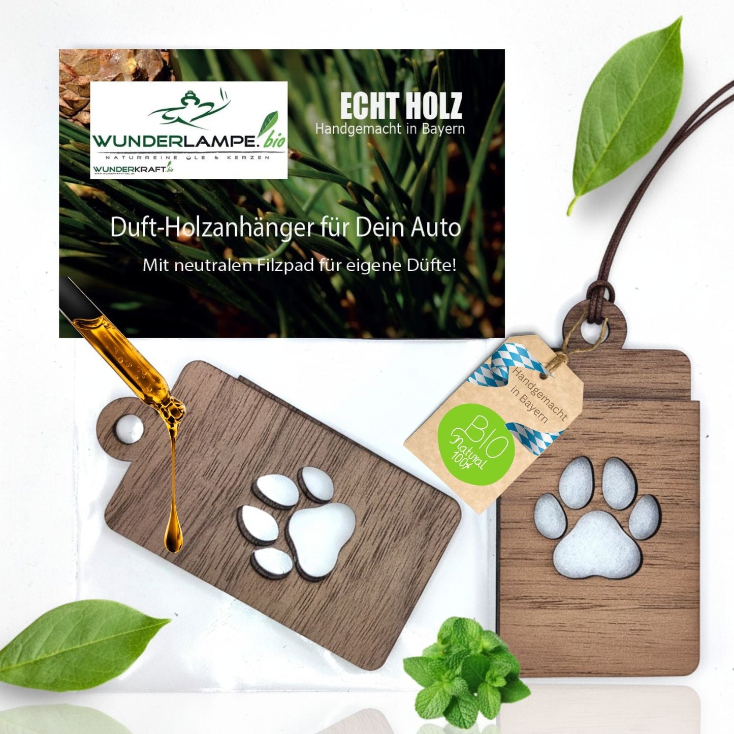 Holz Anhänger für ätherische Öle "PFOTE", Duftbaum aus Nussbaumholz mit Filzpad fürs Auto - Wunderkraft.bio von Wunderlampe.bio