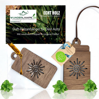 Holz Anhänger für ätherische Öle "SONNE", Duftbaum aus Nussbaumholz mit Filzpad fürs Auto - Wunderkraft.bio von Wunderlampe.bio