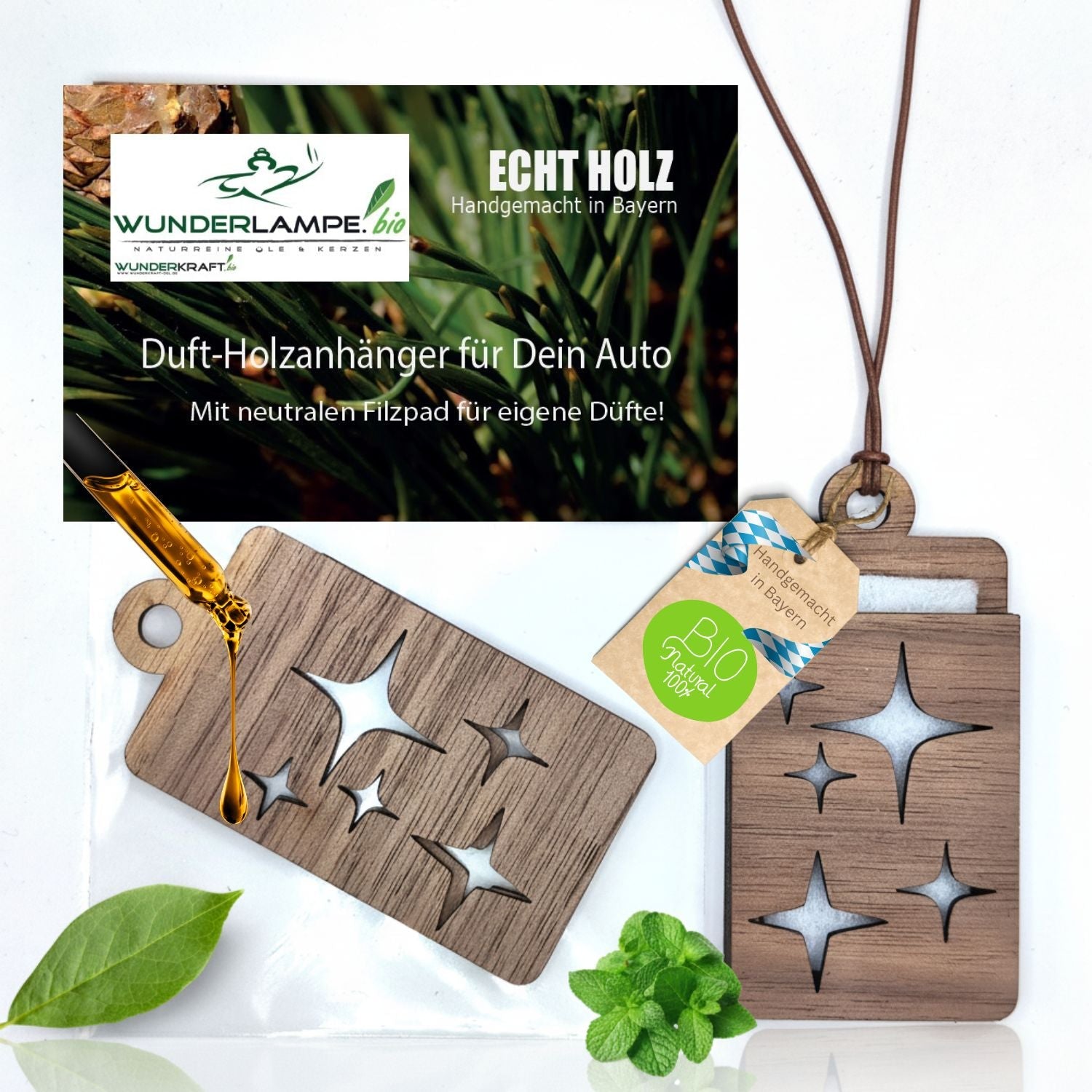 Holz Anhänger für ätherische Öle "STERNE", Duftbaum aus Nussbaumholz mit Filzpad für Duftöle - Wunderkraft.bio von Wunderlampe.bio