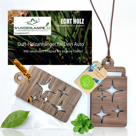 Holz Anhänger für ätherische Öle "STERNE", Duftbaum aus Nussbaumholz mit Filzpad für Duftöle - Wunderkraft.bio von Wunderlampe.bio