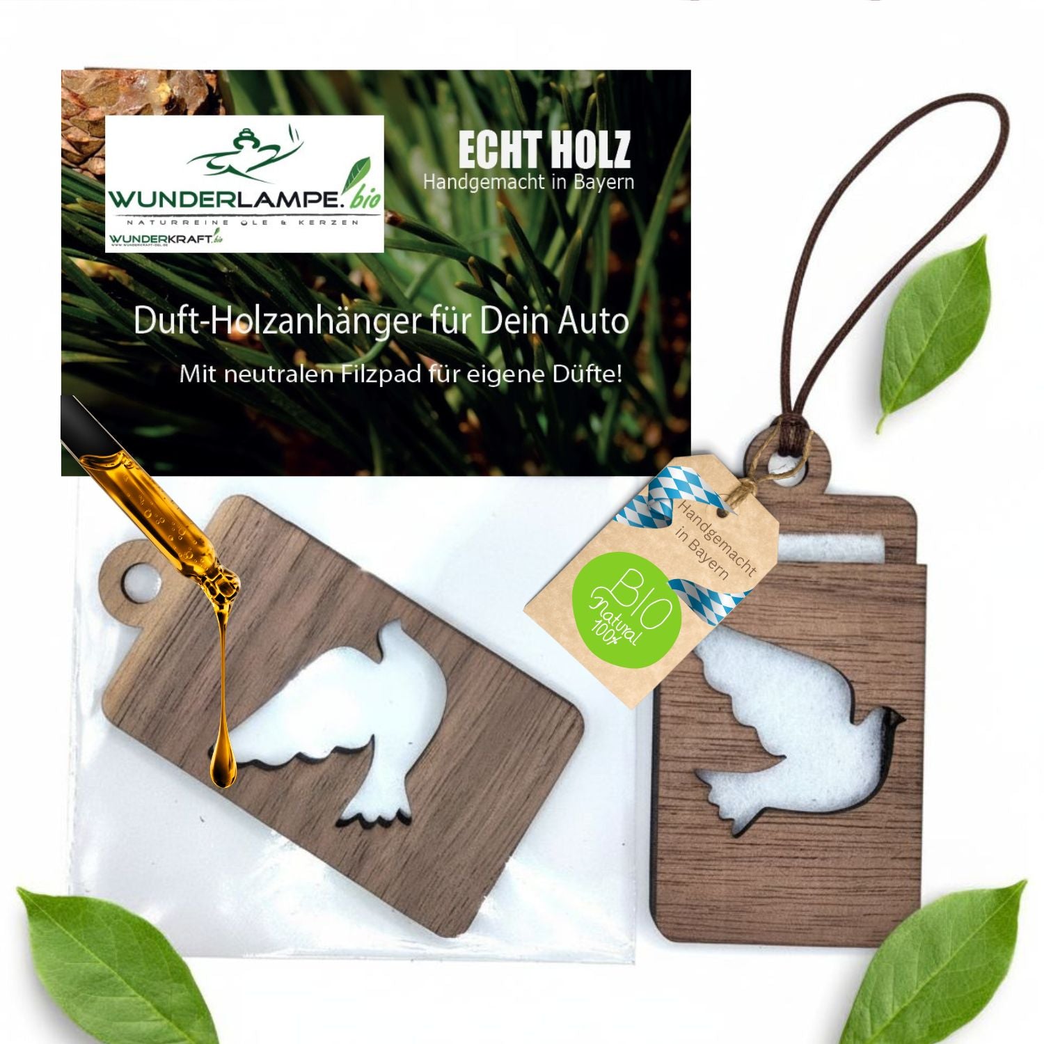 Holz Anhänger für ätherische Öle "TAUBE", Duftbaum aus Nussbaumholz mit Filzpad für ätherische Öle - Wunderkraft.bio von Wunderlampe.bio