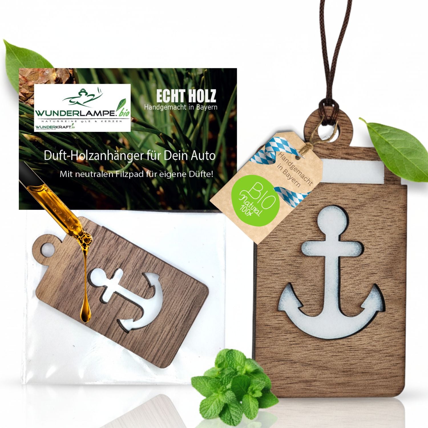 Holz Anhänger Lufterfrischer "ANKER", Duftbaum aus Nussbaumholz mit Filzpad für ätherische Öle - Wunderkraft.bio von Wunderlampe.bio