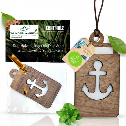Holz Anhänger Lufterfrischer "ANKER", Duftbaum aus Nussbaumholz mit Filzpad für ätherische Öle - Wunderkraft.bio von Wunderlampe.bio