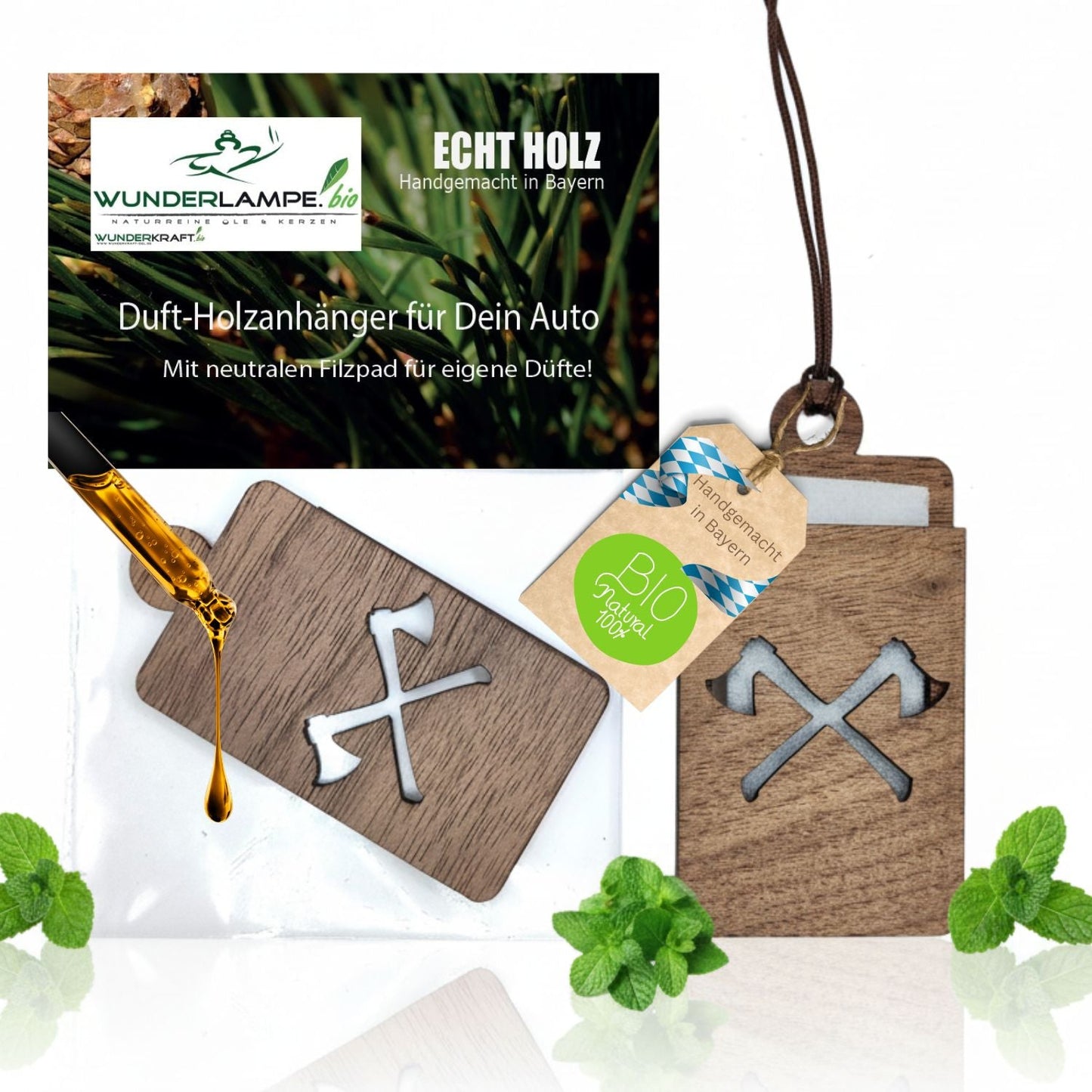 Holz Anhänger Lufterfrischer "AXT", Duftbaum aus Nussbaumholz mit Filzpad fürs Auto - Wunderkraft.bio von Wunderlampe.bio