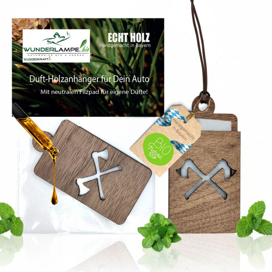 Holz Anhänger Lufterfrischer "AXT", Duftbaum aus Nussbaumholz mit Filzpad fürs Auto - Wunderkraft.bio von Wunderlampe.bio