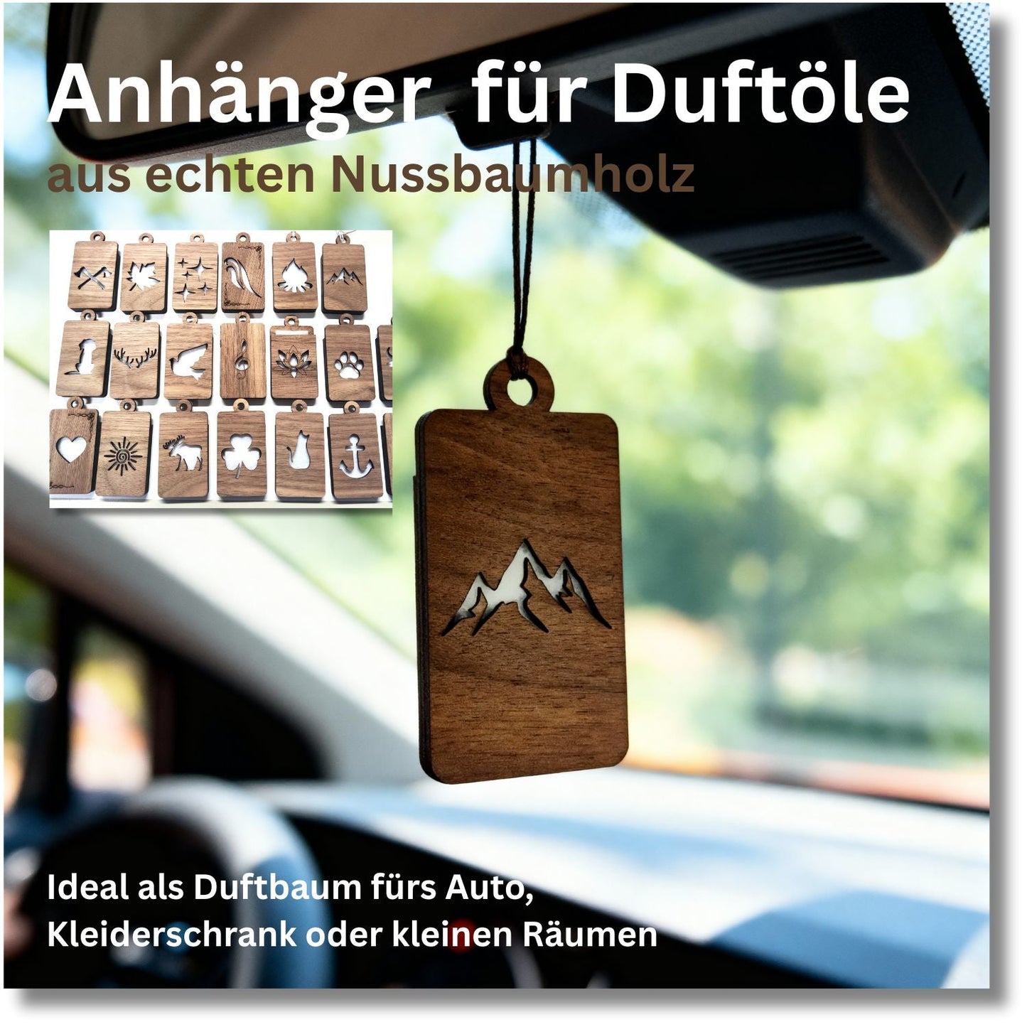 Holz Anhänger Lufterfrischer "ORNAMENT", Duftbaum aus Nussbaumholz mit Filzpad für Duftöle - Wunderkraft.bio von Wunderlampe.bio
