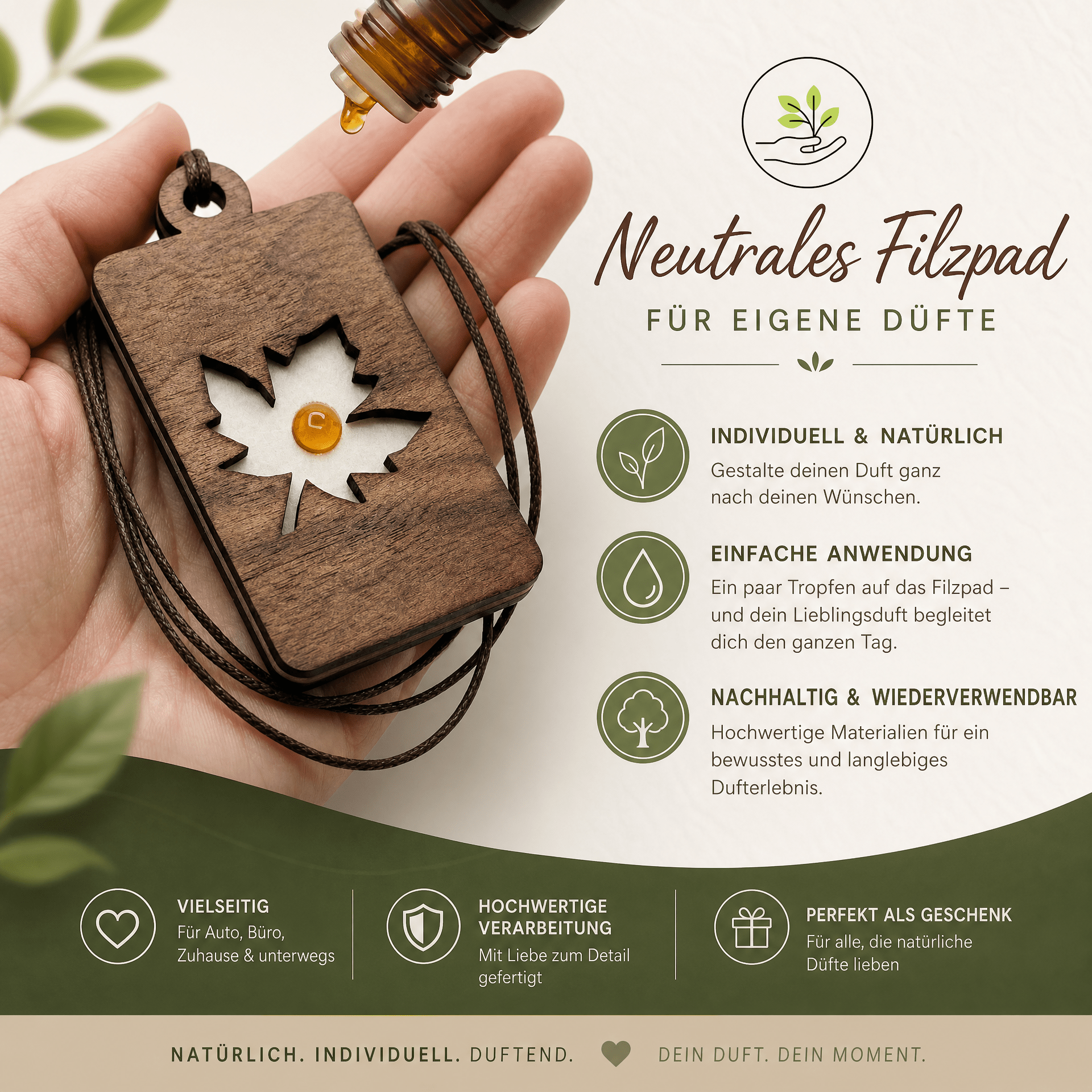 Holz Duftbaum für ätherische Öle "AHORNBLATT", Anhänger aus Nussbaumholz mit Filzpad fürs Auto - Wunderkraft naturals