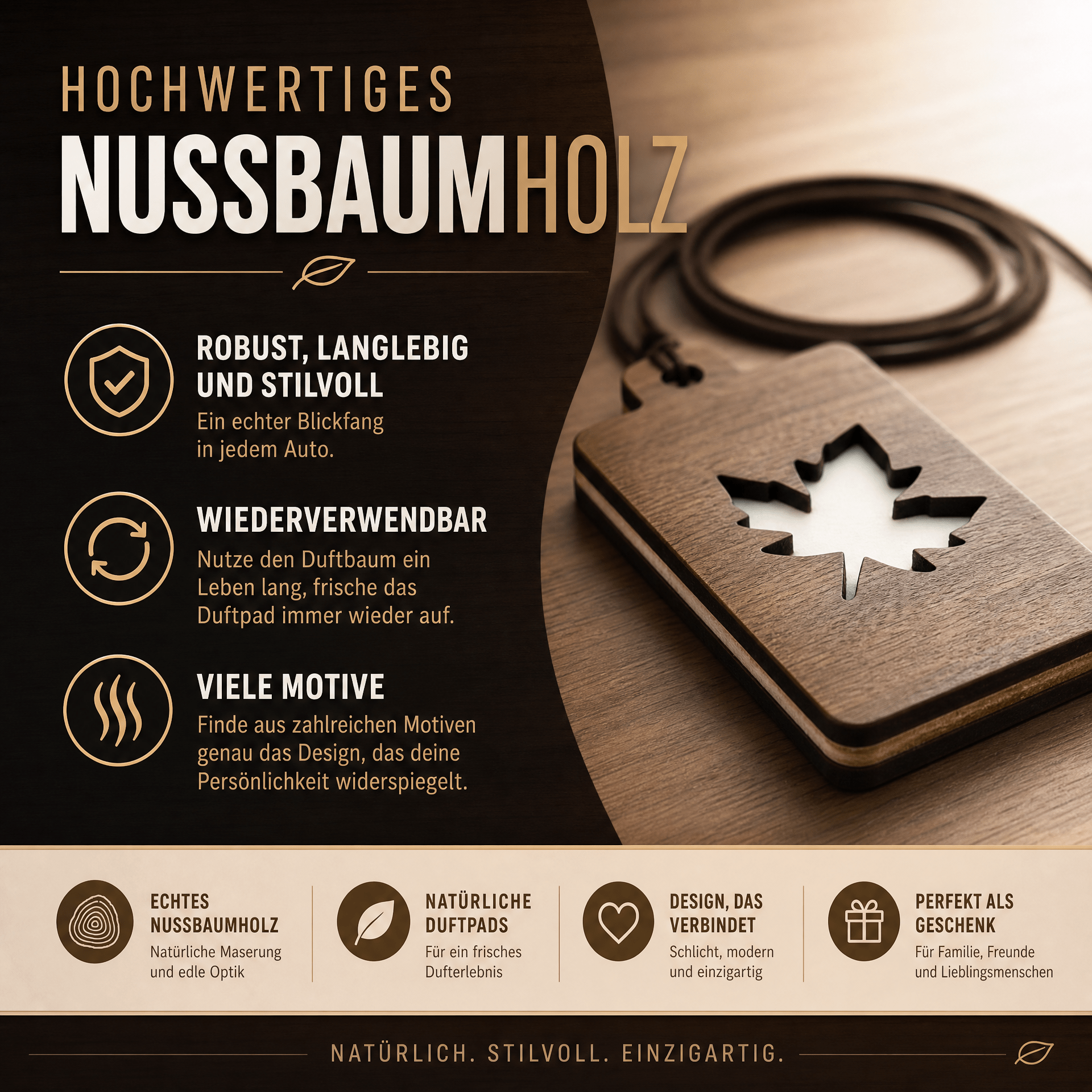 Holz Duftbaum für ätherische Öle "AHORNBLATT", Anhänger aus Nussbaumholz mit Filzpad fürs Auto - Wunderkraft naturals