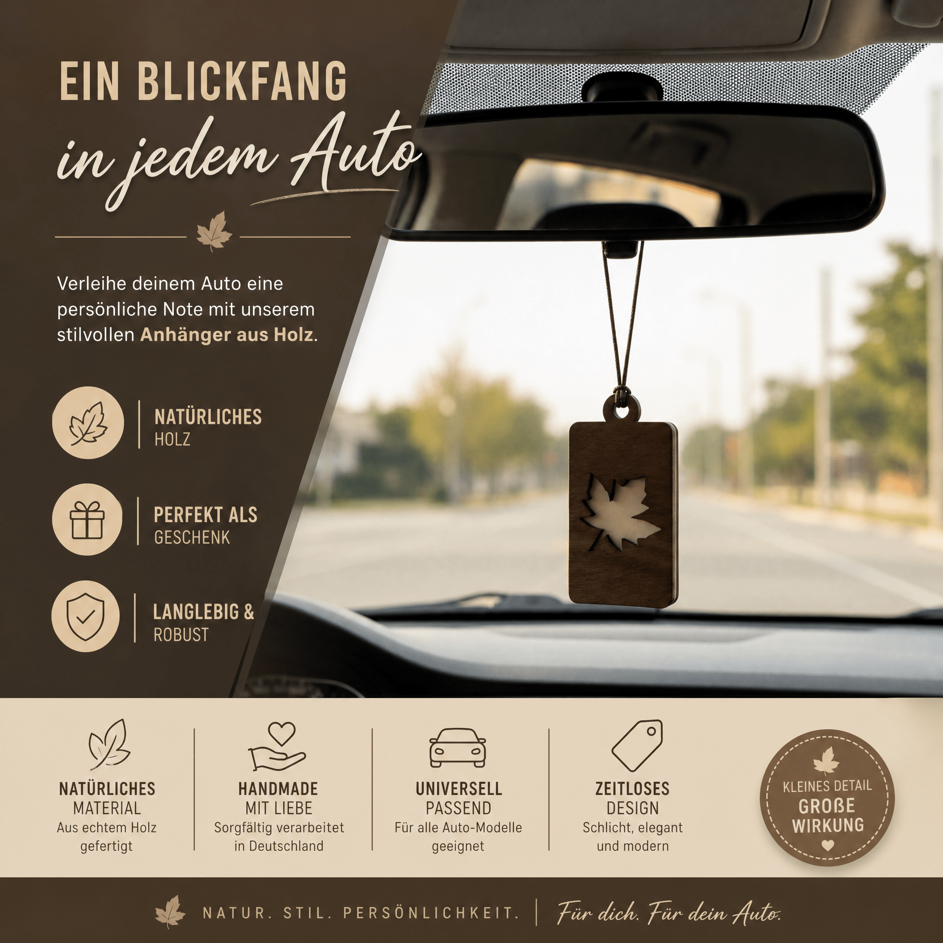 Holz Duftbaum für ätherische Öle "AHORNBLATT", Anhänger aus Nussbaumholz mit Filzpad fürs Auto - Wunderkraft naturals